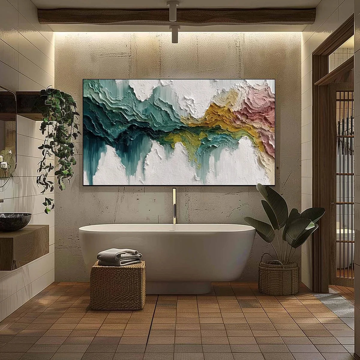 TERRA FLOW: Textured Abstract Landscape Impasto Oil Painting | black frame version on white wall