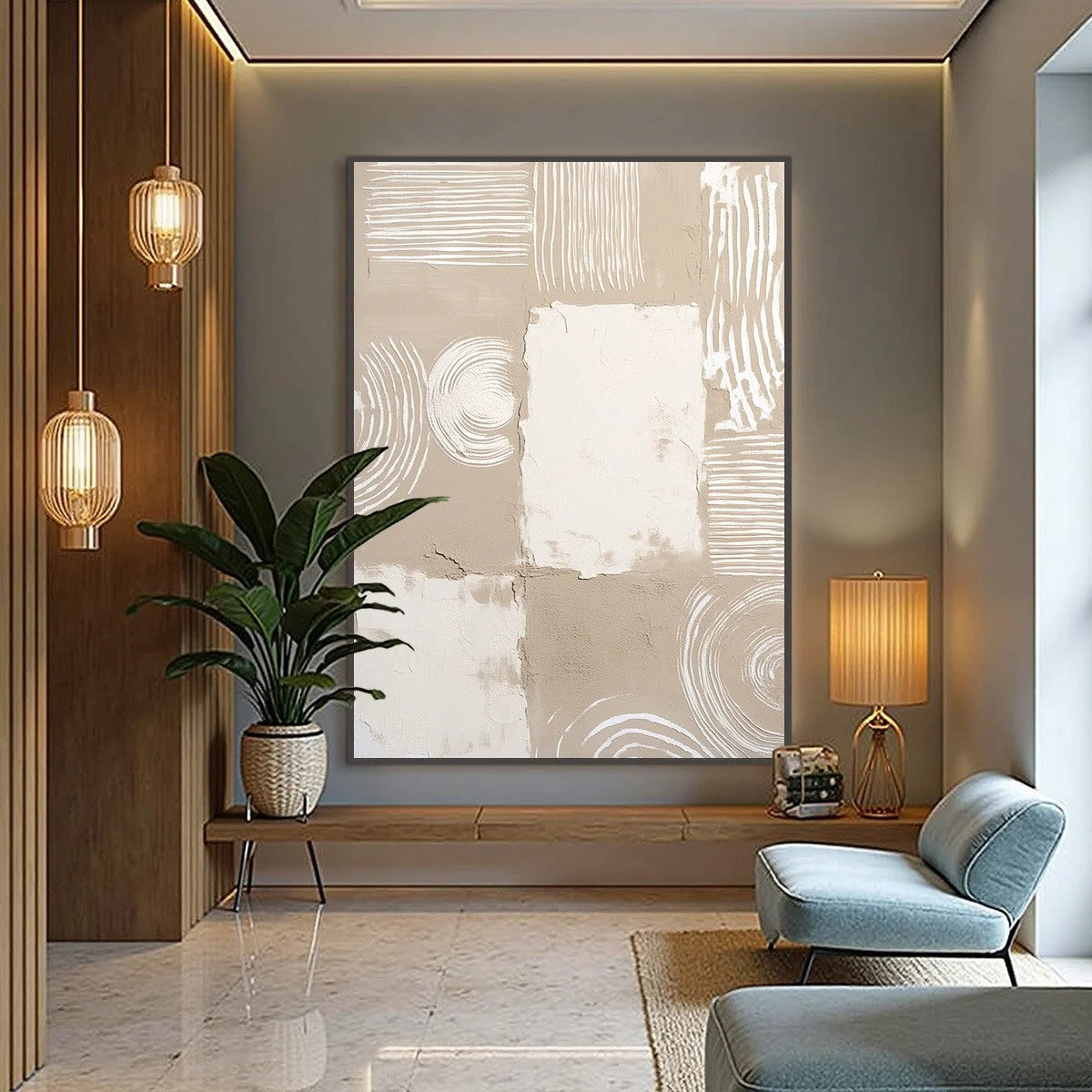 TERRA FORMA: Textured Minimalist Abstract Painting in Neutral Tones | gold frame stretched on neutral wall