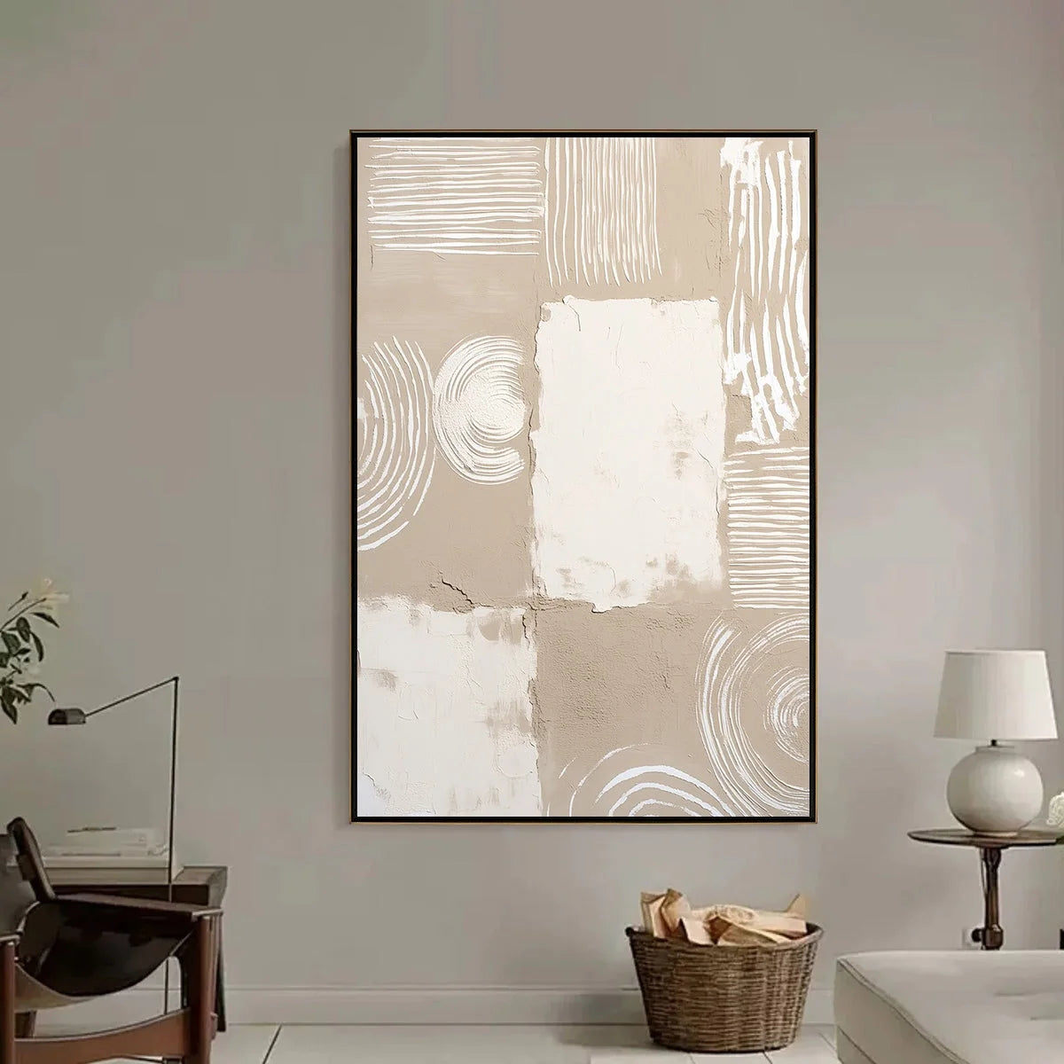 TERRA FORMA: Textured Minimalist Abstract Painting in Neutral Tones | black frame version on white wall