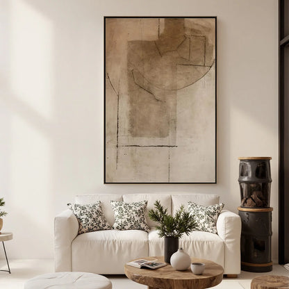 TERRA INCOGNITA: Wabi Sabi Inspired Textured Abstract Earth Tone Painting | gold frame stretched on neutral wall