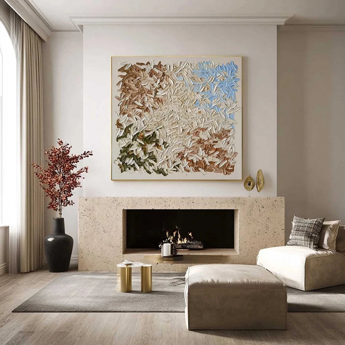 TERRA MOSAIC: Textured Earth Tone Abstract Impasto Painting | gold frame stretched on neutral wall