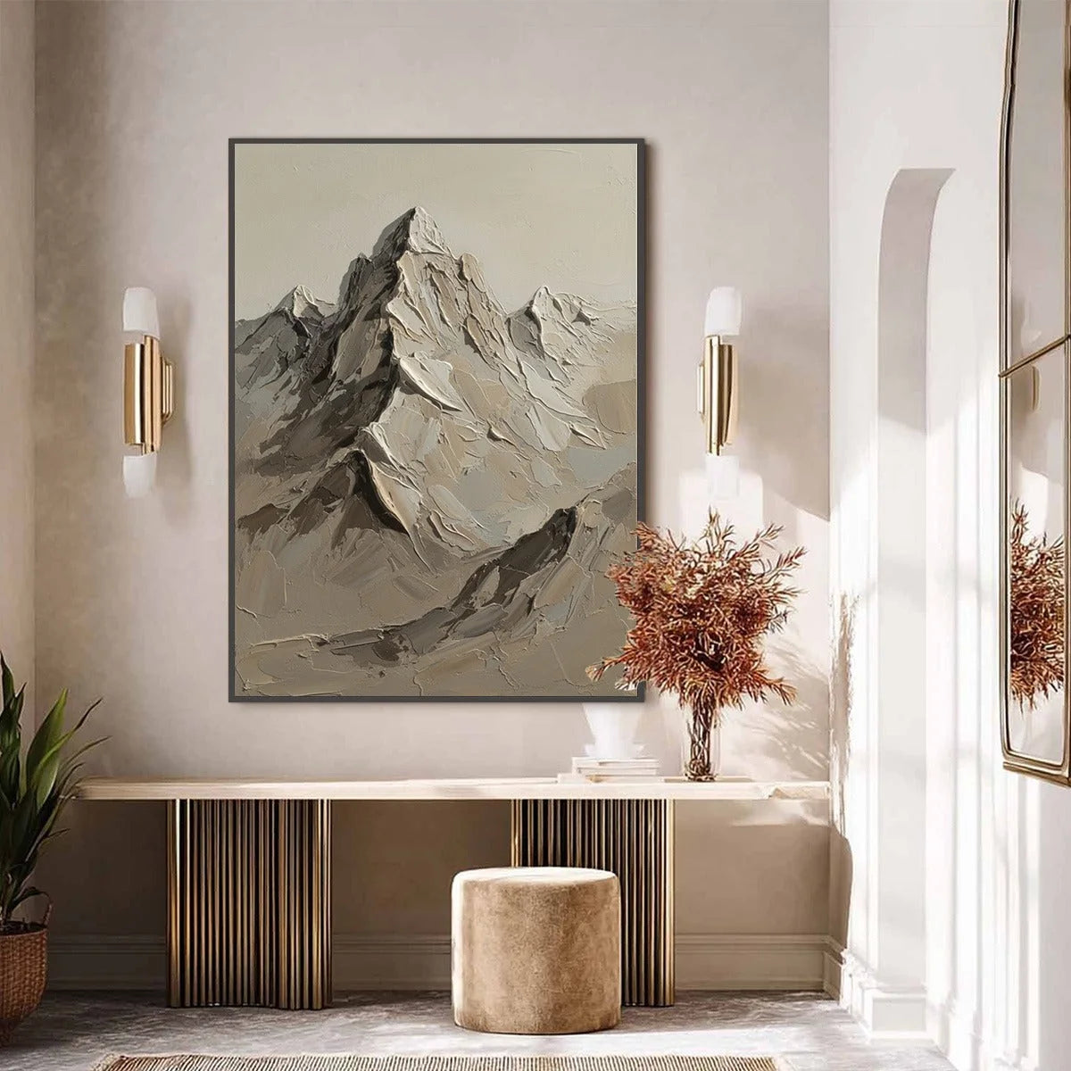 TERRA PEAK: Textured Wabi Sabi Mountain Impasto Wall Art | gold frame stretched on neutral wall