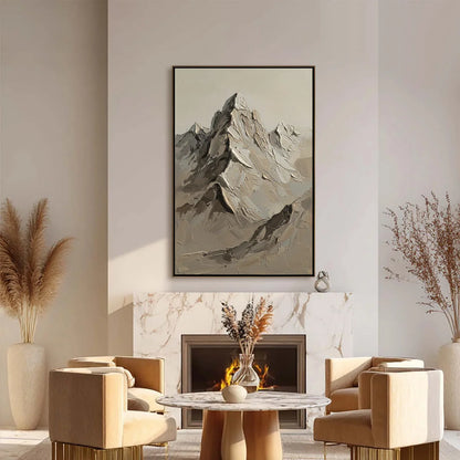 TERRA PEAK: Textured Wabi Sabi Mountain Impasto Wall Art | black frame version on white wall