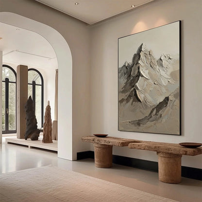 TERRA PEAK: Textured Wabi Sabi Mountain Impasto Wall Art | Abstract mood, soft natural light studio shot