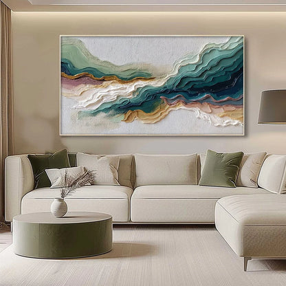 TERRA RHYTHM: Heavily Textured Abstract Landscape Painting | gold frame stretched on neutral wall