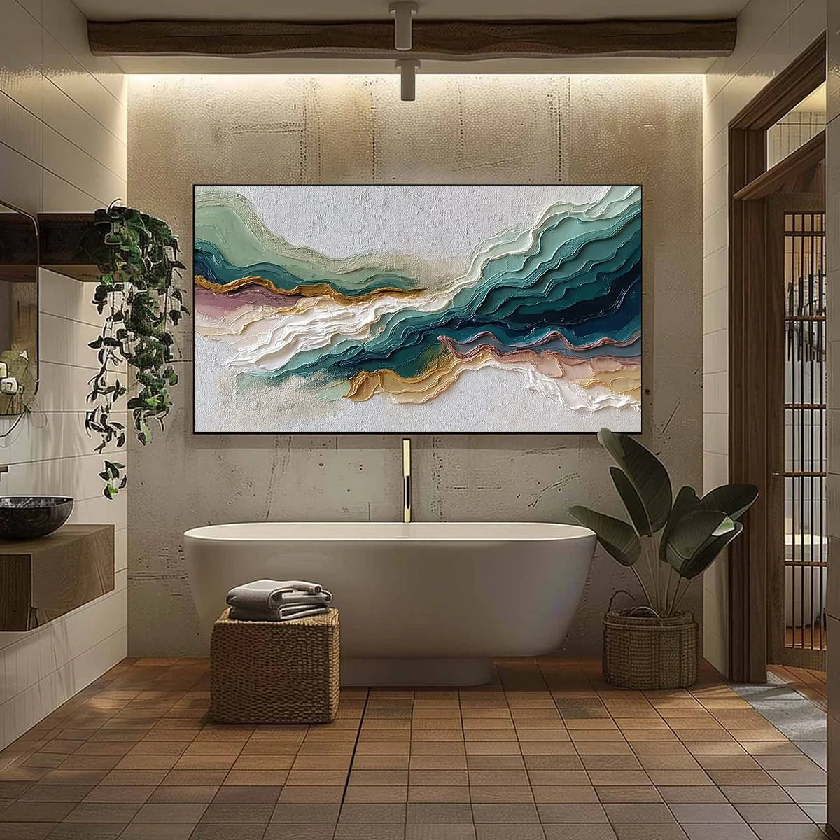 TERRA RHYTHM: Heavily Textured Abstract Landscape Painting | black frame version on white wall