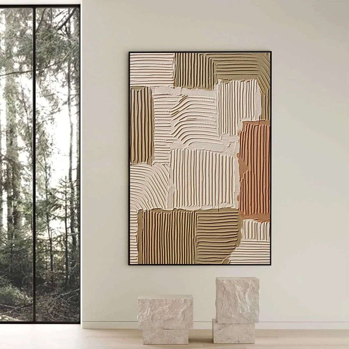 TERRA RHYTHMS: Textured Wabi Sabi Abstract Painting in Earth Tones | black frame version on white wall