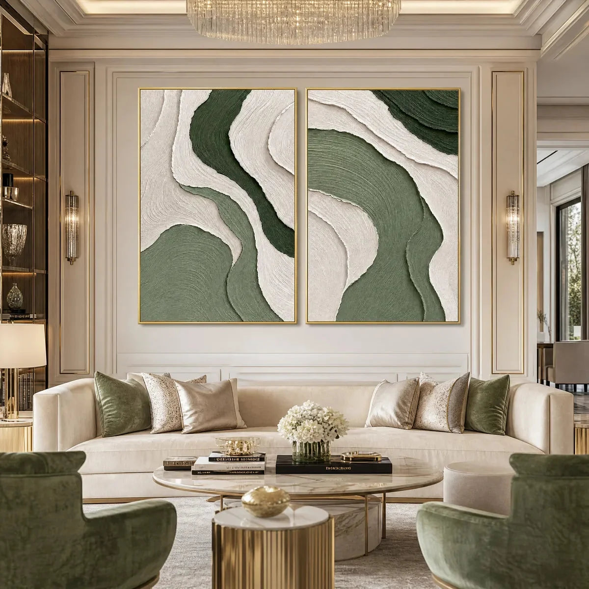 TERRA: Textured Wabi Sabi Abstract Diptych in Earthy Greens | Abstract closeup, raised brushwork detail