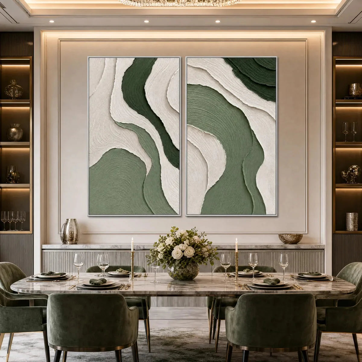 TERRA: Textured Wabi Sabi Abstract Diptych in Earthy Greens | gold frame stretched on neutral wall