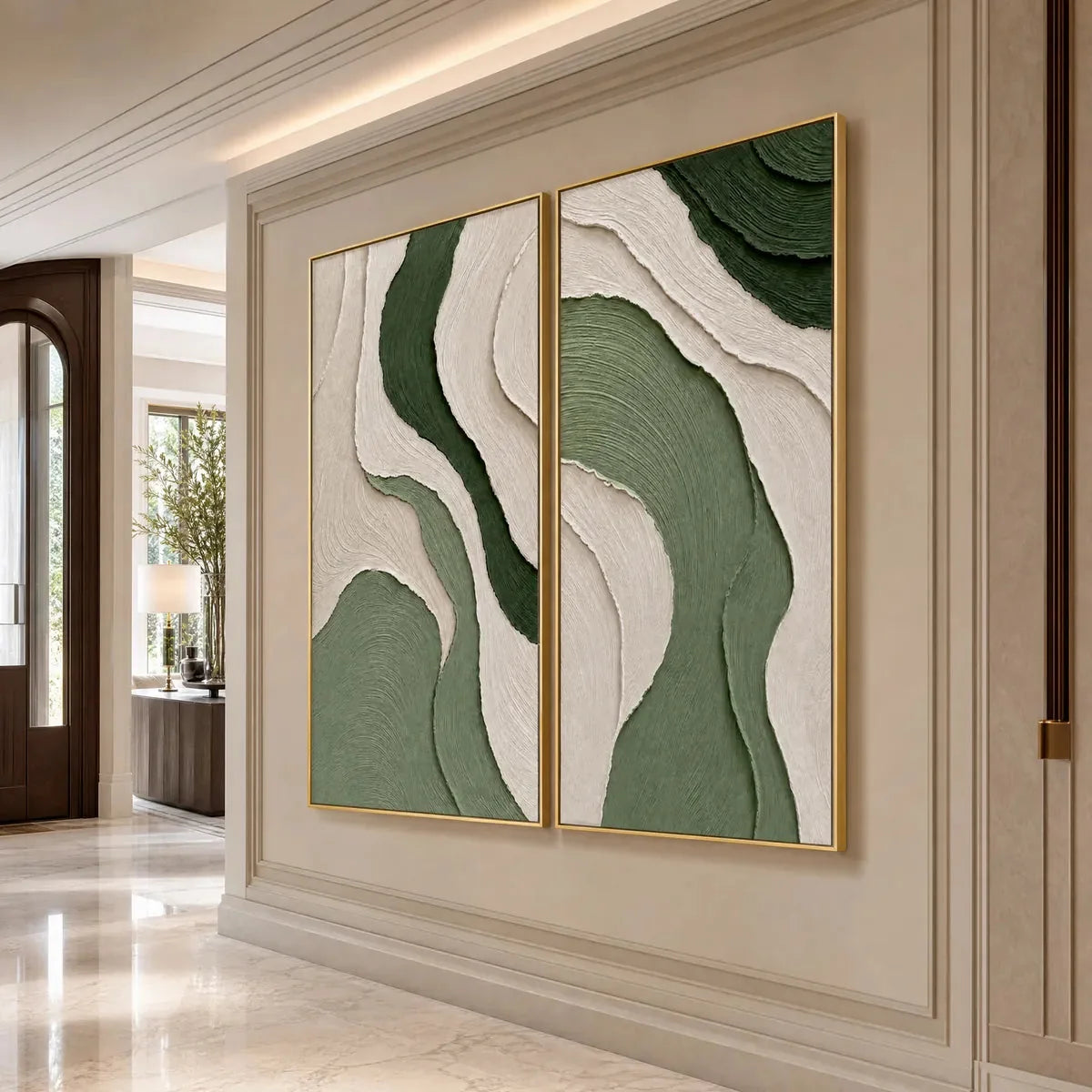 TERRA: Textured Wabi Sabi Abstract Diptych in Earthy Greens | rolled canvas, ready for custom framing