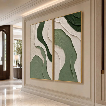 TERRA: Textured Wabi Sabi Abstract Diptych in Earthy Greens | rolled canvas, ready for custom framing