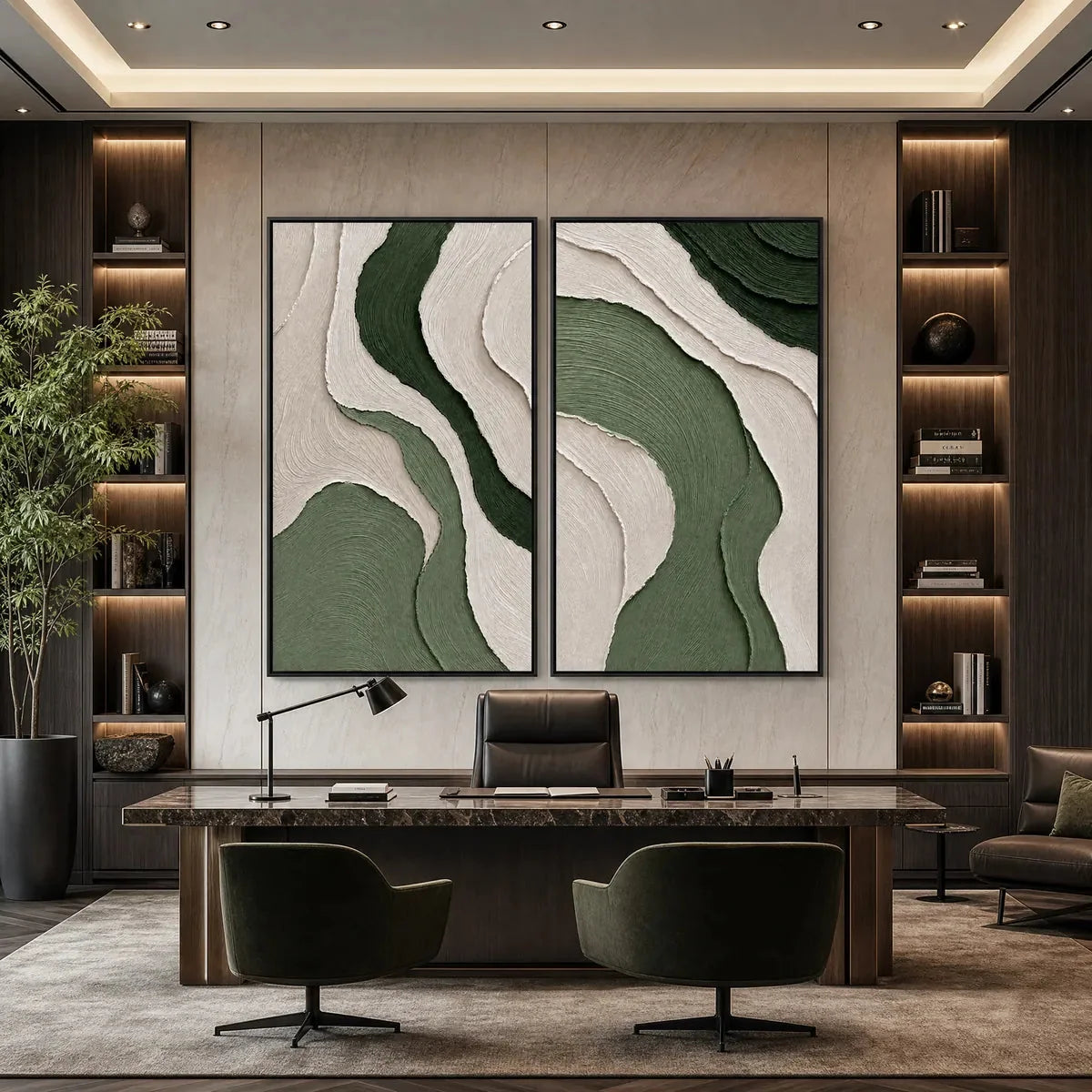 TERRA: Textured Wabi Sabi Abstract Diptych in Earthy Greens | black frame version on white wall