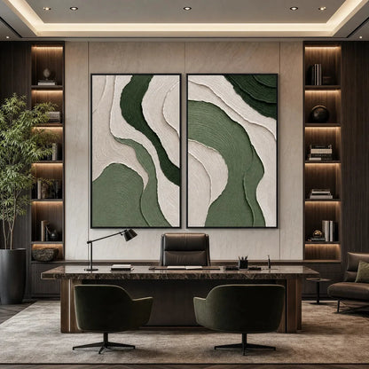 TERRA: Textured Wabi Sabi Abstract Diptych in Earthy Greens | black frame version on white wall