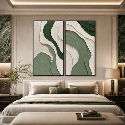 TERRA: Textured Wabi Sabi Abstract Diptych in Earthy Greens | Abstract mood, soft natural light studio shot