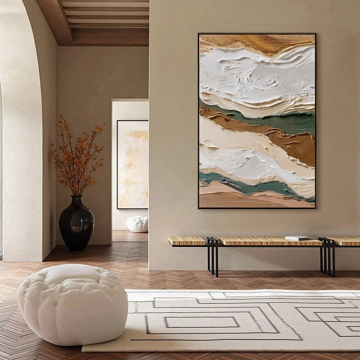 TERRA VEINS: Textured Wabi Sabi Abstract Earth Landscape Painting | gold frame stretched on neutral wall