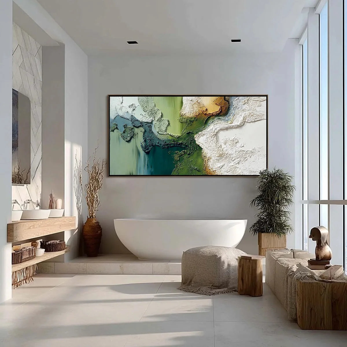 TERRA VERDE: Textured Abstract Earth Tone Landscape Painting | gold frame stretched on neutral wall
