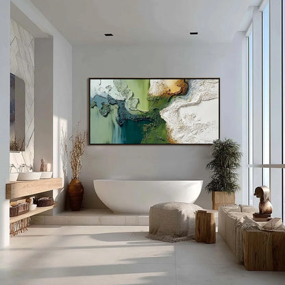 TERRA VERDE: Textured Abstract Earth Tone Landscape Painting | gold frame stretched on neutral wall