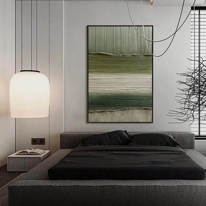 TERRA VERDE: Vertical Wabi Sabi Textured Abstract Green Earth Painting | gold frame stretched on neutral wall