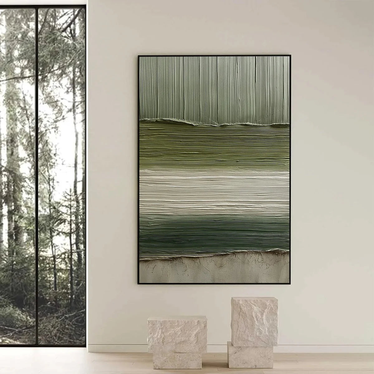 TERRA VERDE: Vertical Wabi Sabi Textured Abstract Green Earth Painting | black frame version on white wall