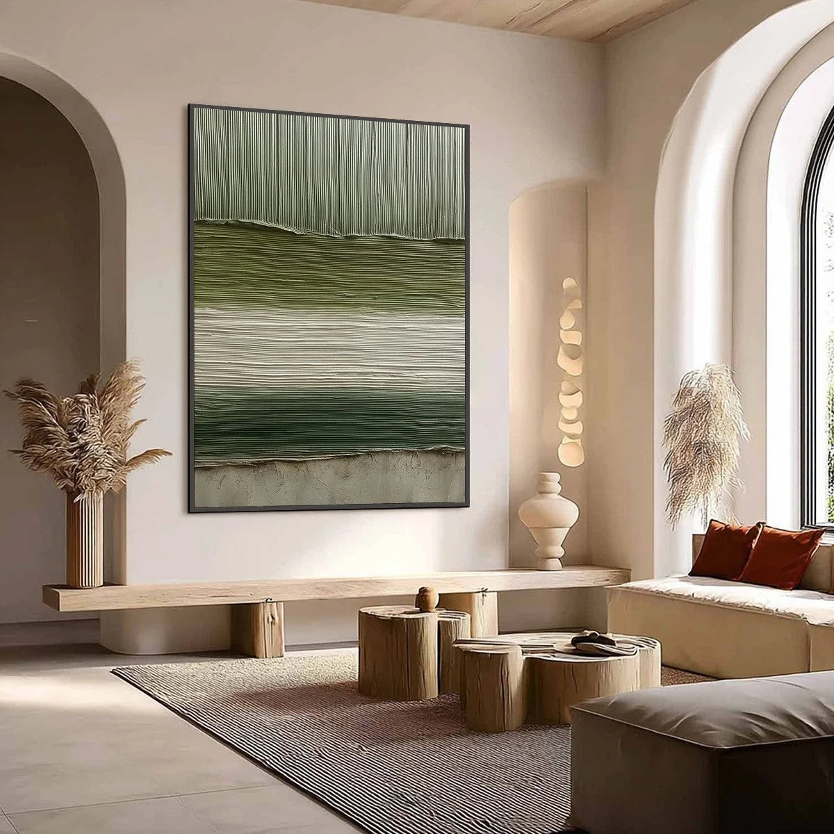 TERRA VERDE: Vertical Wabi Sabi Textured Abstract Green Earth Painting | Abstract mood, soft natural light studio shot