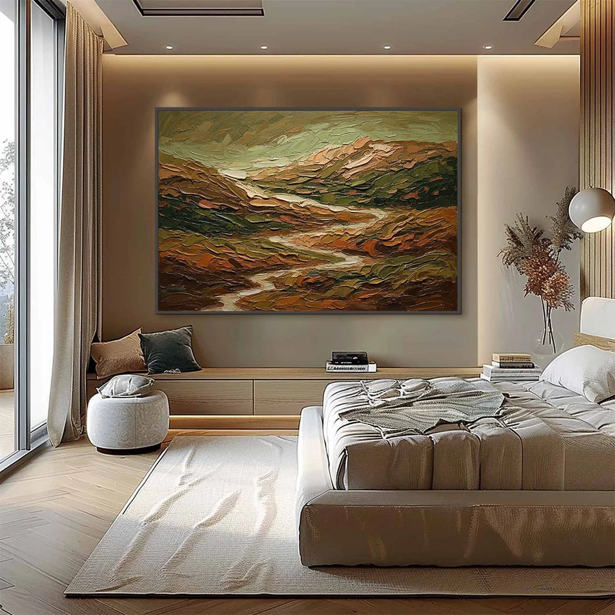 TERRA VISTA: Heavily Textured Abstract Landscape Oil Painting | gold frame stretched on neutral wall