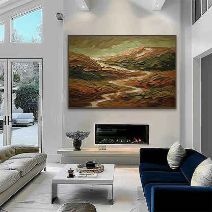 TERRA VISTA: Heavily Textured Abstract Landscape Oil Painting | black frame version on white wall