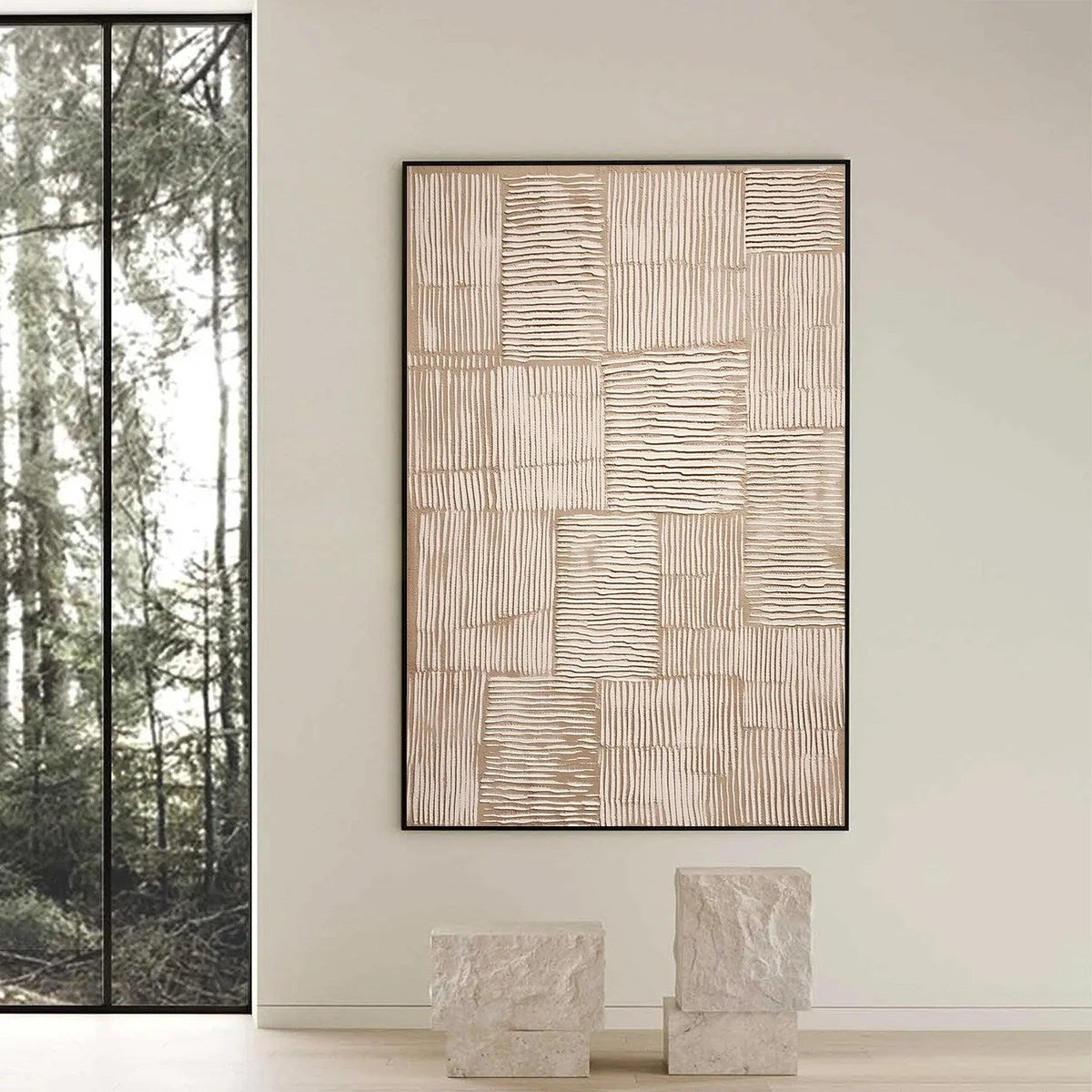 TERRA WEAVE: Heavy Textured Minimalist Wabi Sabi Wall Art | black frame version on white wall
