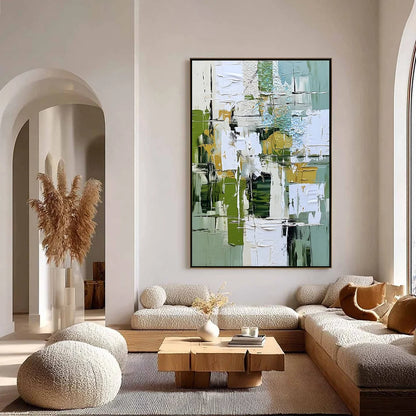 TERRACE VIEW: Textured Abstract Impasto Landscape Painting | gold frame stretched on neutral wall