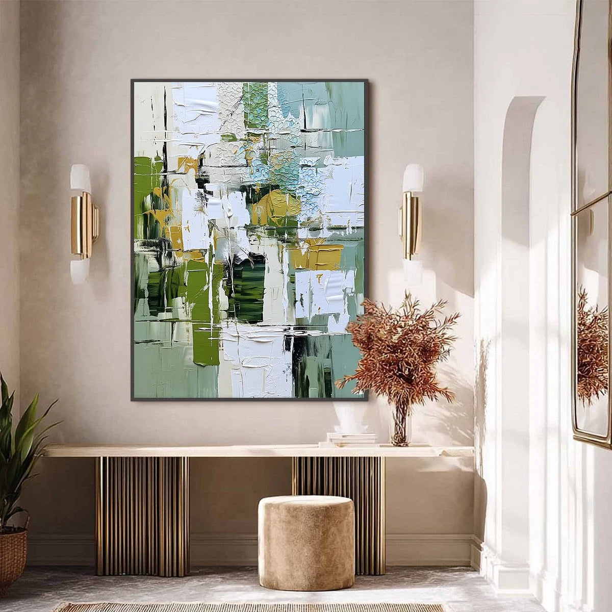 TERRACE VIEW: Textured Abstract Impasto Landscape Painting | black frame version on white wall