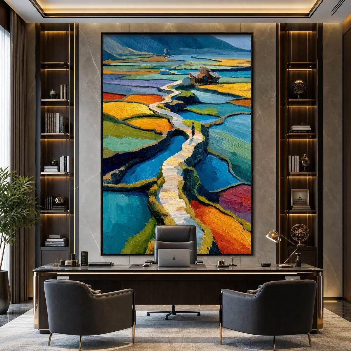 TERRACED JOURNEY: Vibrant Textured Impasto Landscape Painting | Landscape closeup, raised brushwork detail