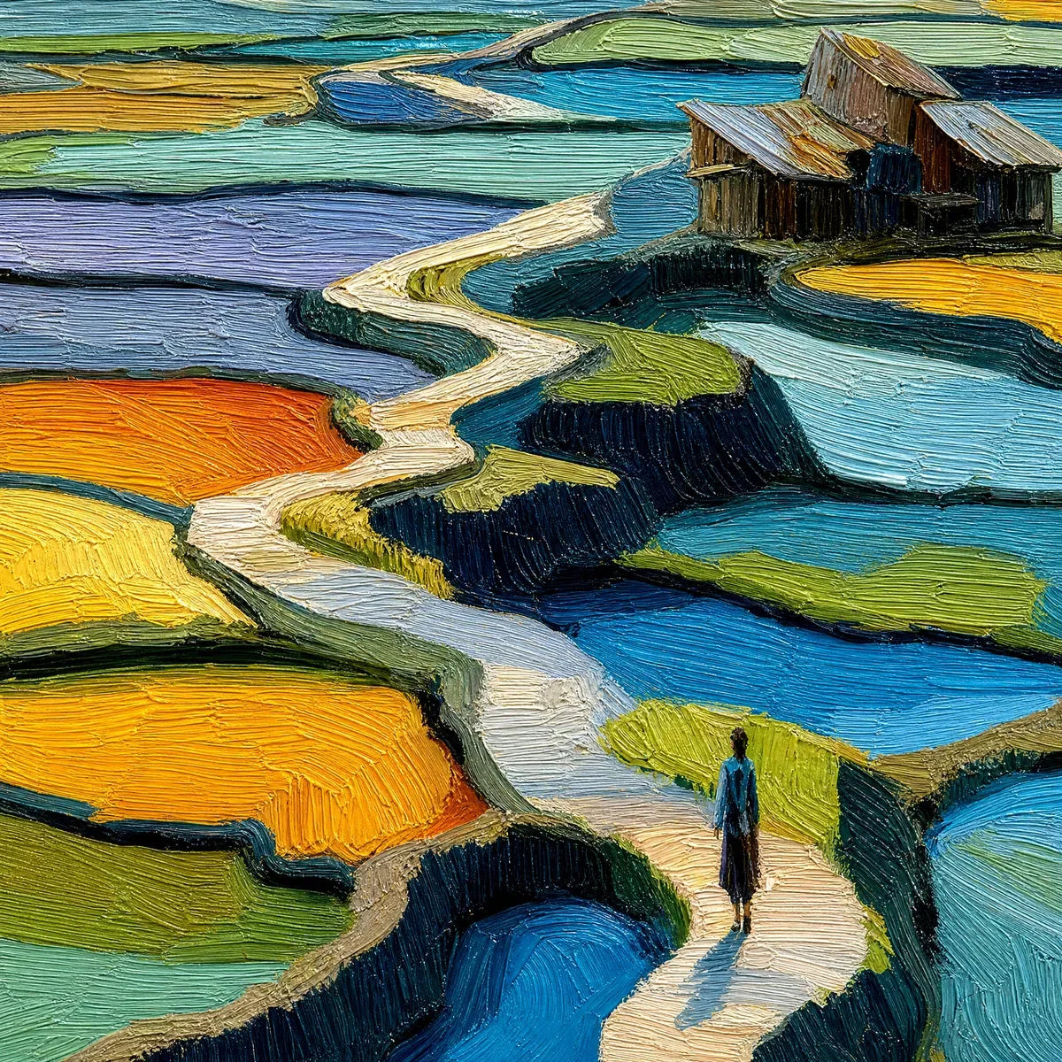 TERRACED JOURNEY: Vibrant Textured Impasto Landscape Painting | rectangular format, hand-painted canvas edge