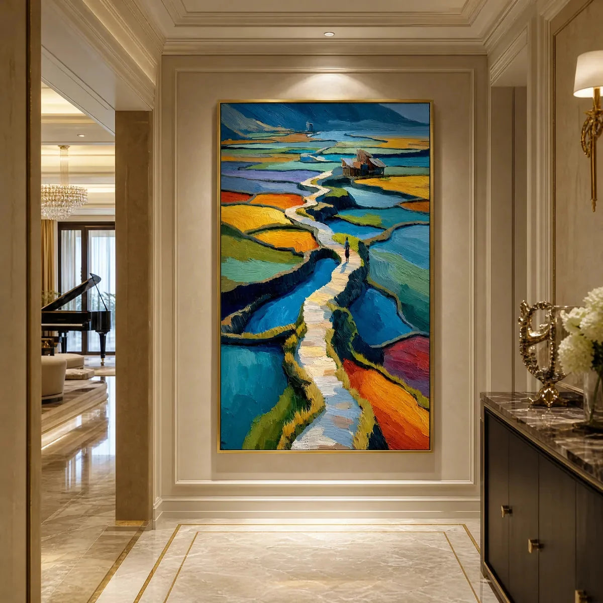 TERRACED JOURNEY: Vibrant Textured Impasto Landscape Painting | gold frame stretched on neutral wall