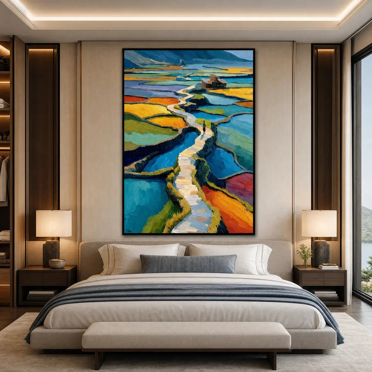TERRACED JOURNEY: Vibrant Textured Impasto Landscape Painting | rolled canvas, ready for custom framing