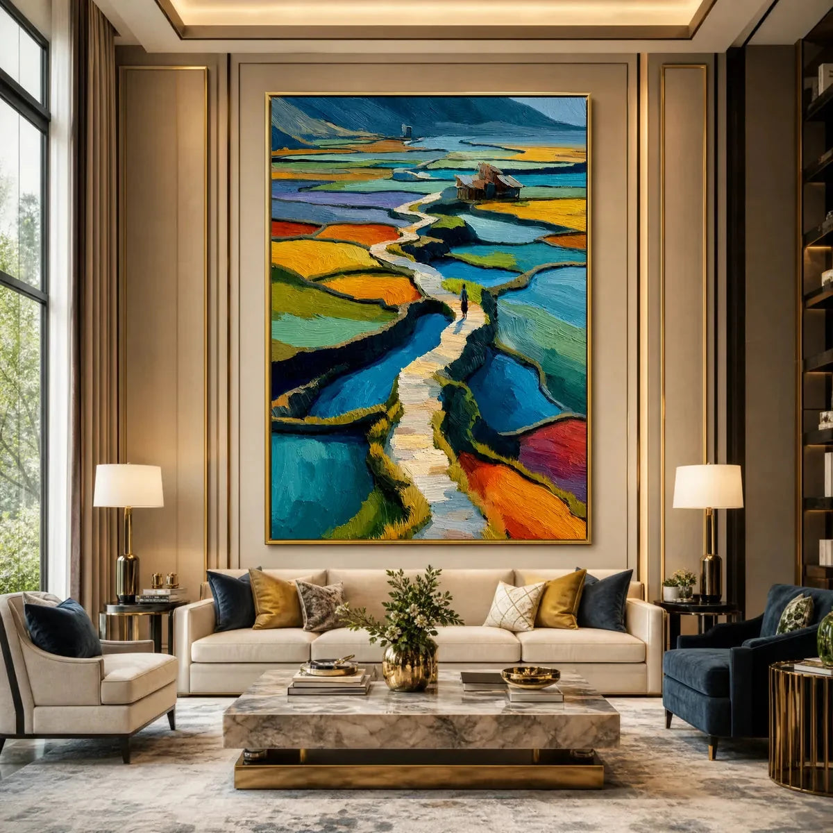 TERRACED JOURNEY: Vibrant Textured Impasto Landscape Painting | black frame version on white wall