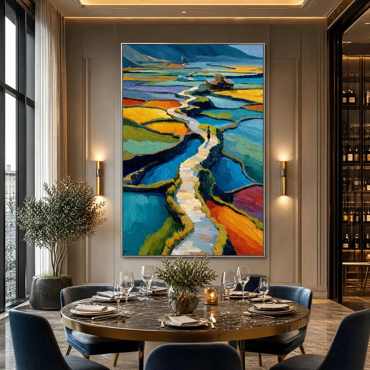 TERRACED JOURNEY: Vibrant Textured Impasto Landscape Painting | Landscape mood, soft natural light studio shot