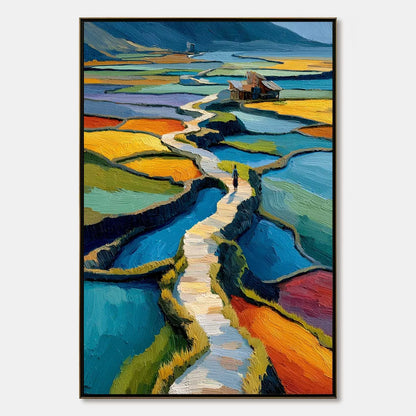TERRACED JOURNEY: Vibrant Textured Impasto Landscape Painting | hanging in living room, Landscape wall art