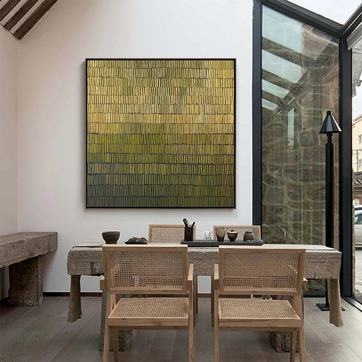 TERRACED SERENITY: Wabi Sabi Minimalist Abstract Painting | gold frame stretched on neutral wall