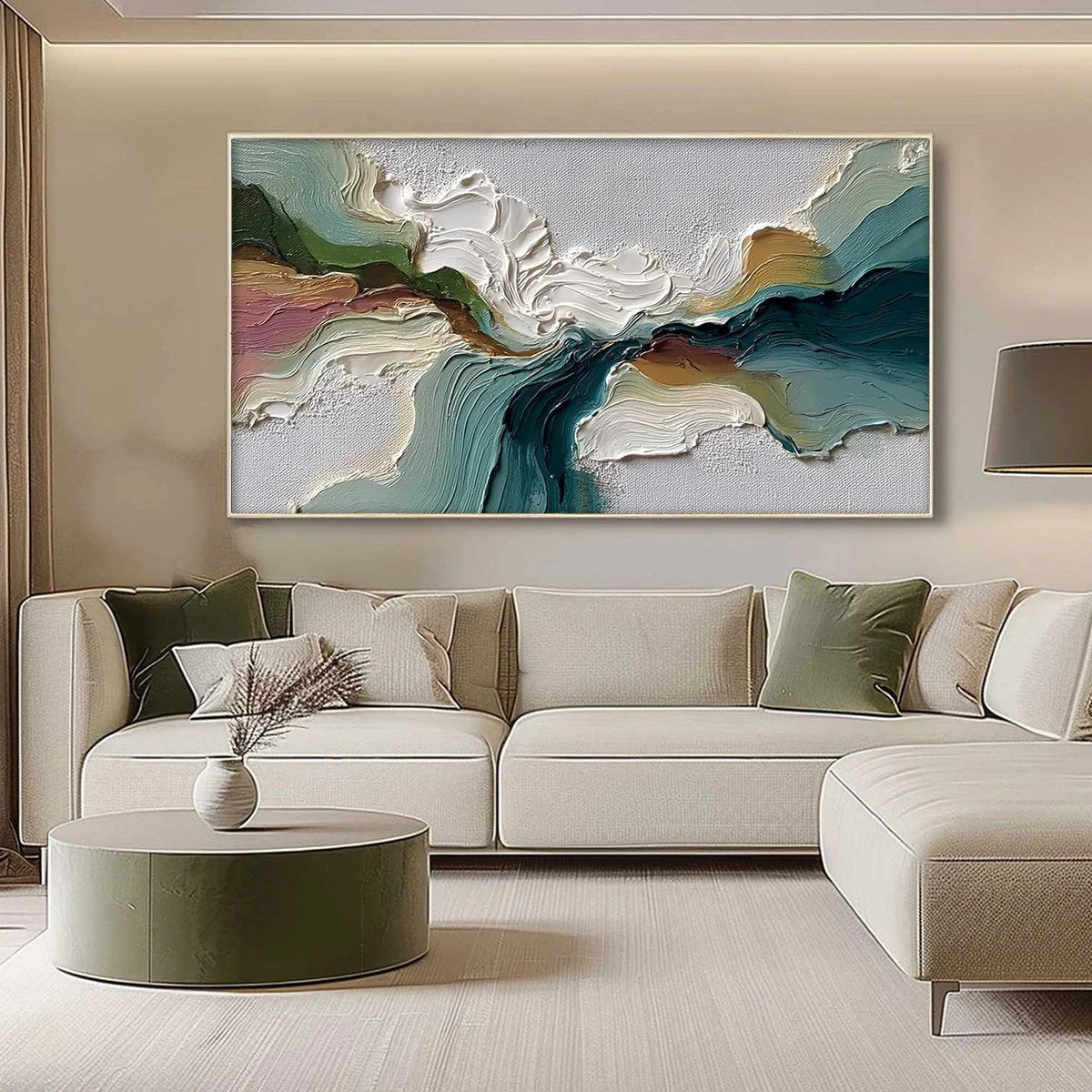 TERRAFLOW: Large Horizontal Abstract Impasto Landscape Painting | gold frame stretched on neutral wall