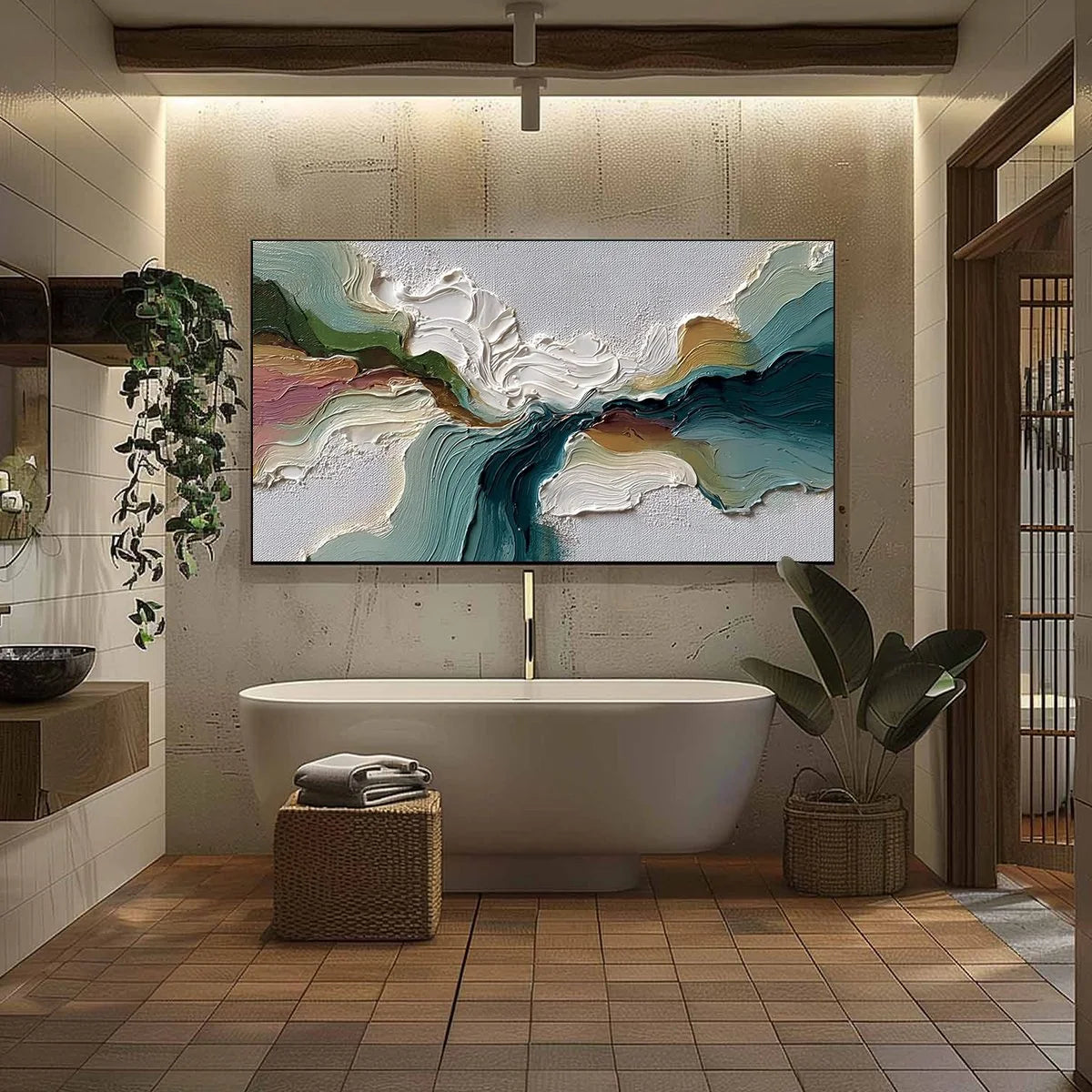 TERRAFLOW: Large Horizontal Abstract Impasto Landscape Painting | black frame version on white wall