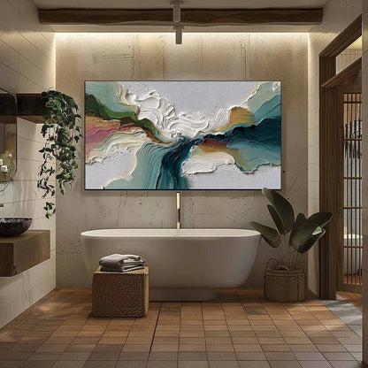 TERRAFLOW: Large Horizontal Abstract Impasto Landscape Painting | black frame version on white wall