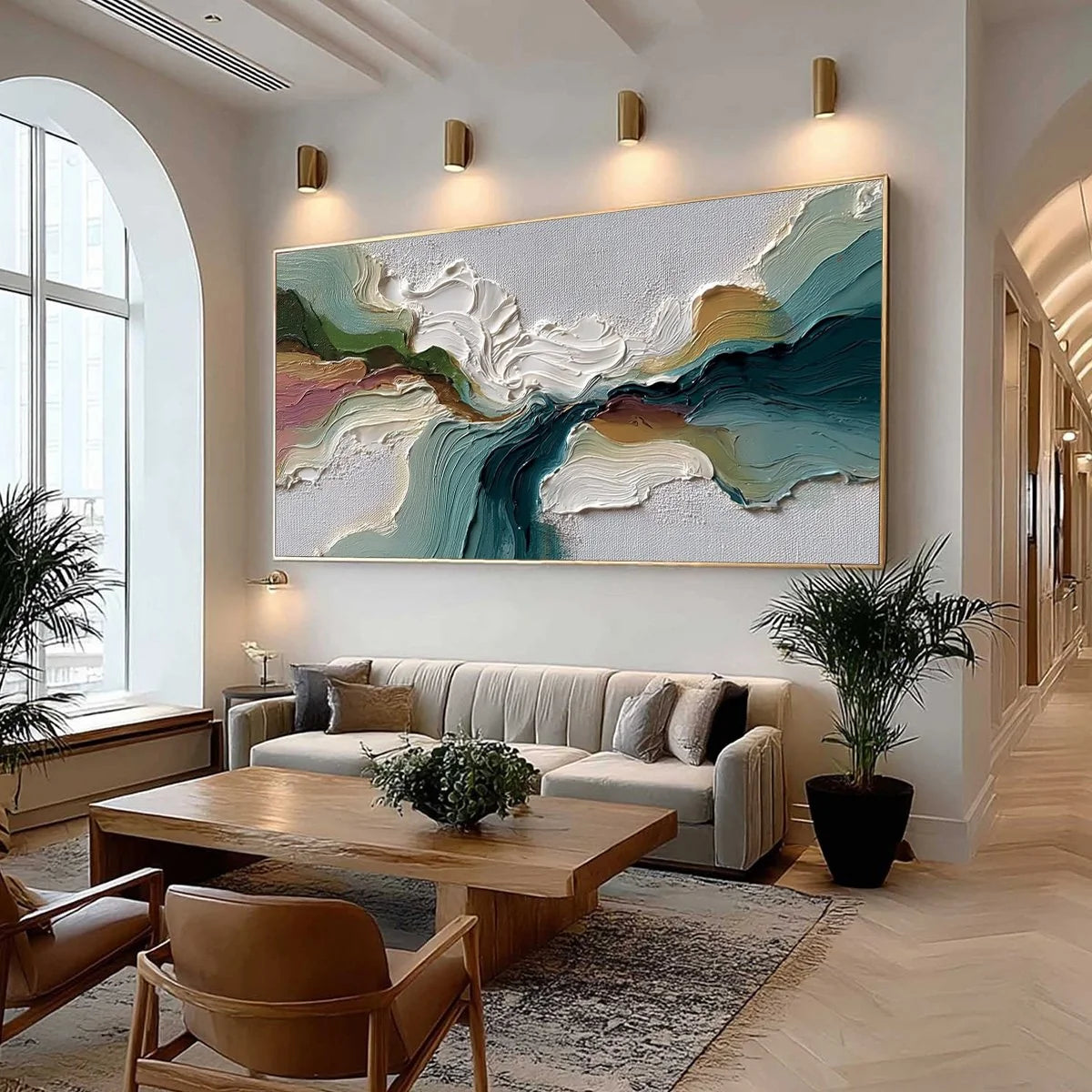 TERRAFLOW: Large Horizontal Abstract Impasto Landscape Painting | Abstract mood, soft natural light studio shot