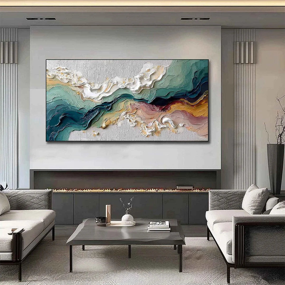 TERRAFLUX: Large Abstract Landscape Heavy Texture Palette Knife Painting | gold frame stretched on neutral wall