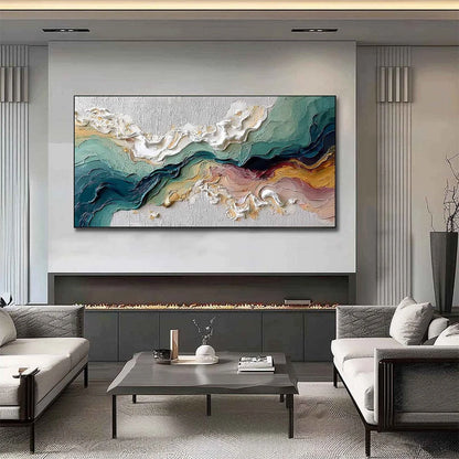 TERRAFLUX: Large Abstract Landscape Heavy Texture Palette Knife Painting | gold frame stretched on neutral wall