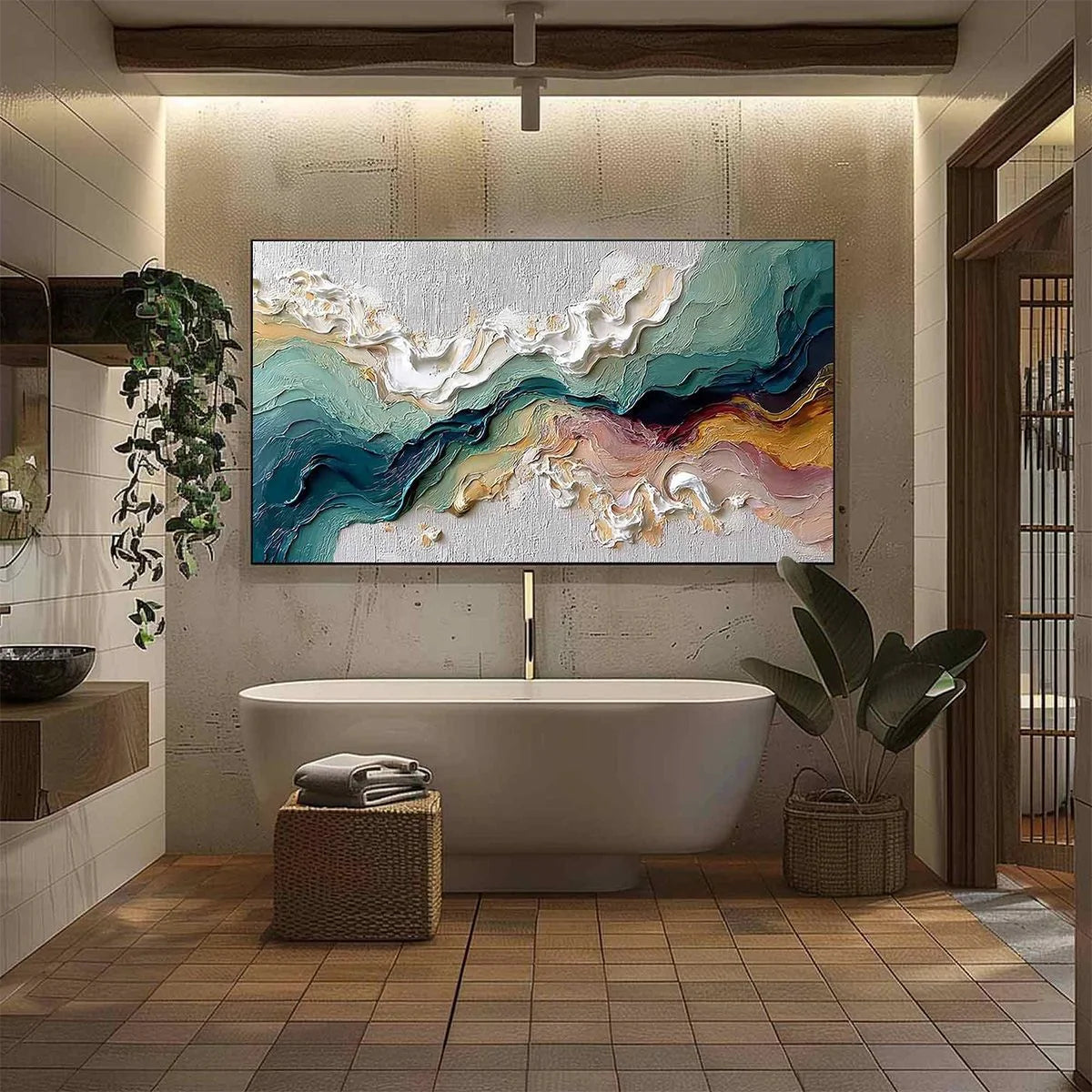 TERRAFLUX: Large Abstract Landscape Heavy Texture Palette Knife Painting | black frame version on white wall