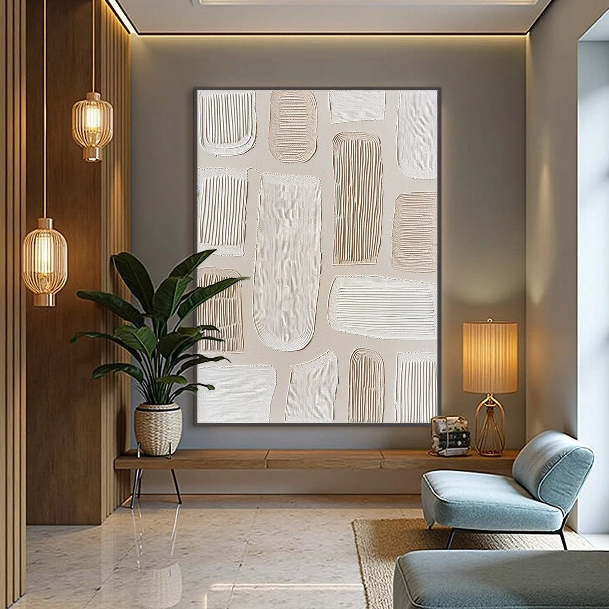 TERRAFORMS: Textured Wabi Sabi Abstract Painting in Neutral Tones | gold frame stretched on neutral wall