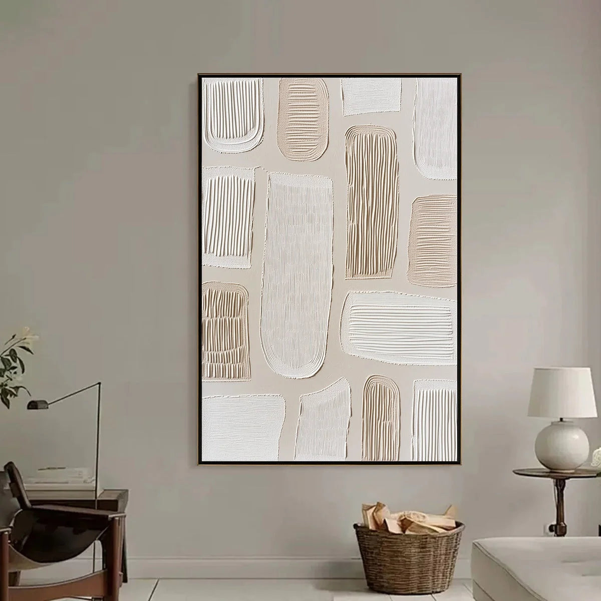 TERRAFORMS: Textured Wabi Sabi Abstract Painting in Neutral Tones | black frame version on white wall