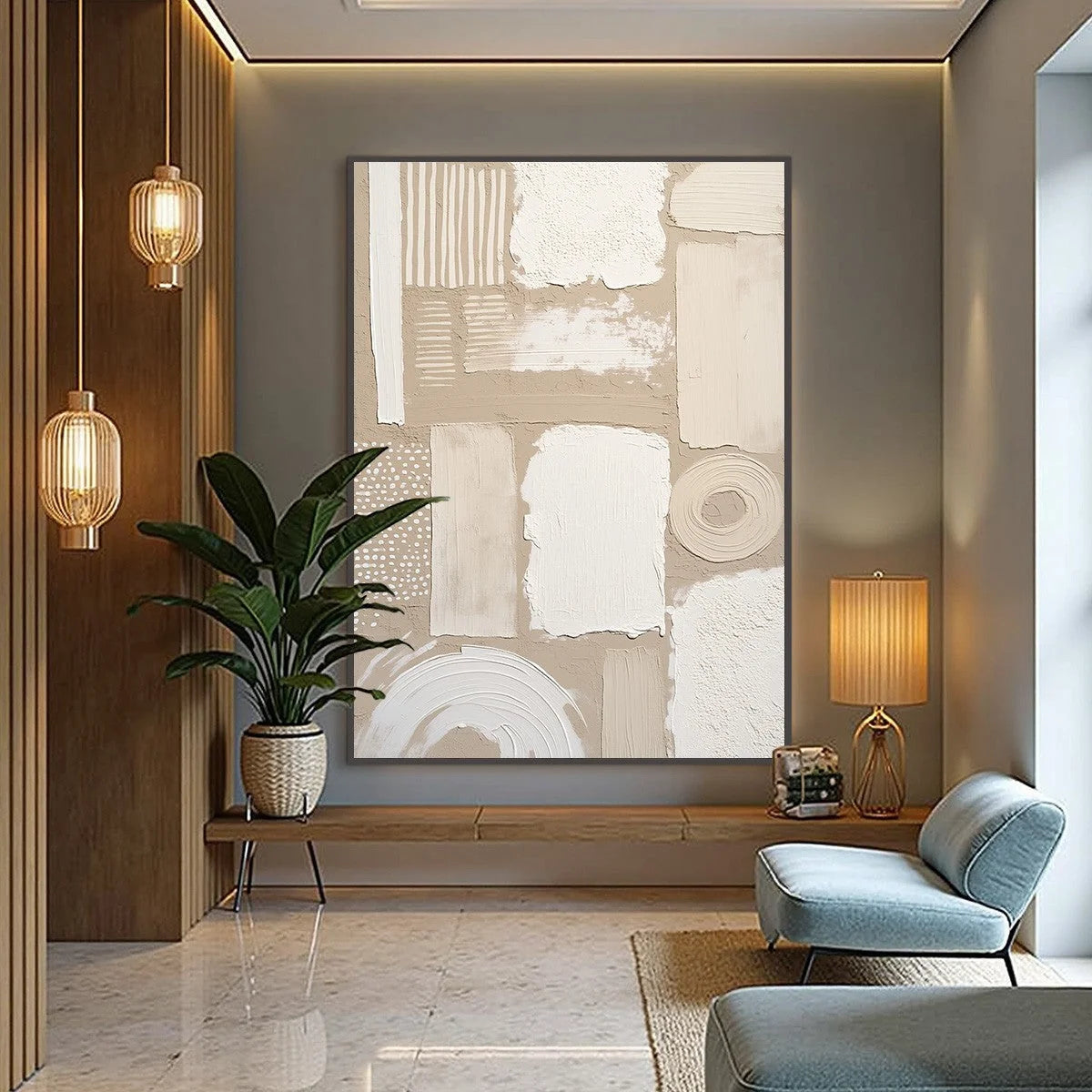 TERRAFORMS: Textured Wabi-Sabi Abstract Painting in Neutral Tones | gold frame stretched on neutral wall