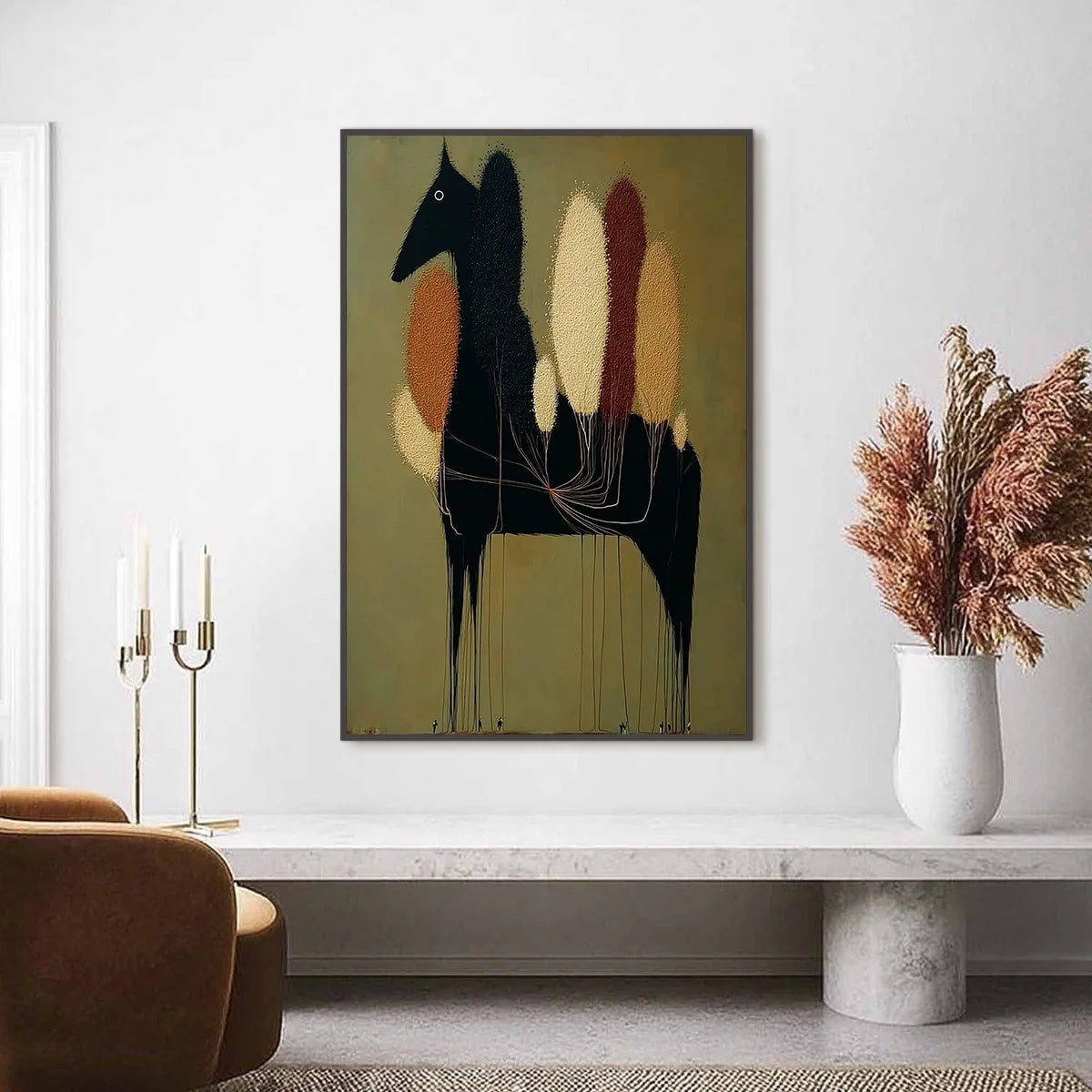 TERRANE STEED: Surreal Wabi Sabi Textured Horse and Tree Abstract Painting | gold frame stretched on neutral wall