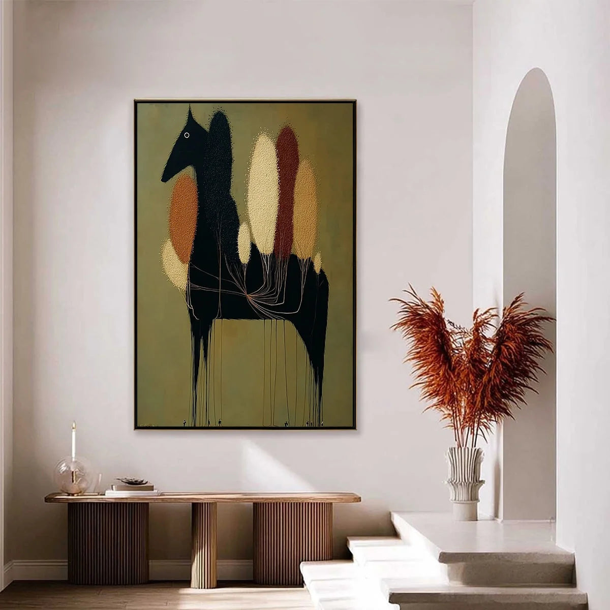 TERRANE STEED: Surreal Wabi Sabi Textured Horse and Tree Abstract Painting | black frame version on white wall