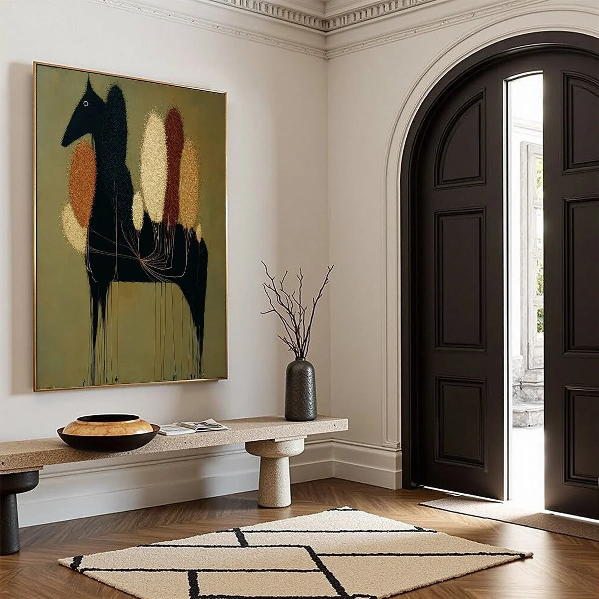 TERRANE STEED: Surreal Wabi Sabi Textured Horse and Tree Abstract Painting | yellow palette, original oil on stretched canvas art